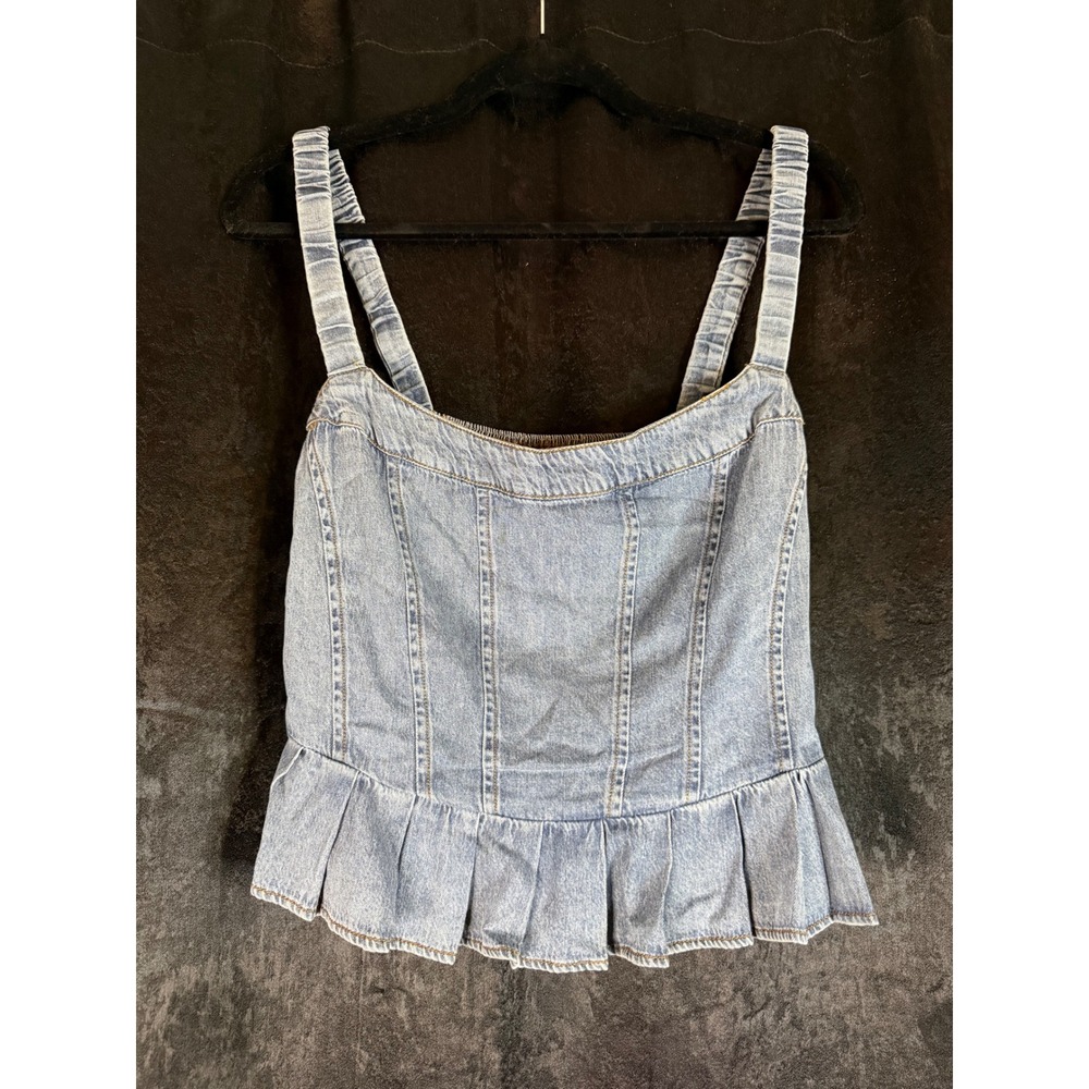 AQUA Denim Peplum Camisole Top Light Wash Smocked Back River Blue Medium NWT